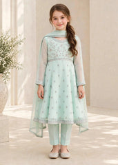 Modest 3 Piece Chiffon Blue Embroidered Frock-A086-CBlu