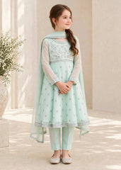Modest 3 Piece Chiffon Blue Embroidered Frock-A086-CBlu