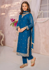 Modest Eid Edit 3 Piece Blue Embroidered Crinkle Suit