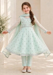 Modest 3 Piece Chiffon Blue Embroidered Frock-A086-CBlu