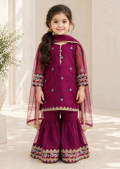 Modest 3 Piece Purple Organza Embroidered Gharara-A105-Prpl