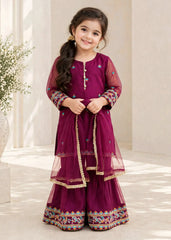 Modest 3 Piece Purple Organza Embroidered Gharara-A105-Prpl