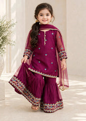 Modest 3 Piece Purple Organza Embroidered Gharara-A105-Prpl