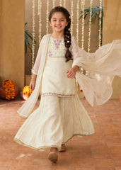 Modest 3 Piece Off White Chiffon Embroidered Sharara-11380-Crm