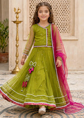 Modest Girls 3 Piece Green Net Lehenga-11440-Grn