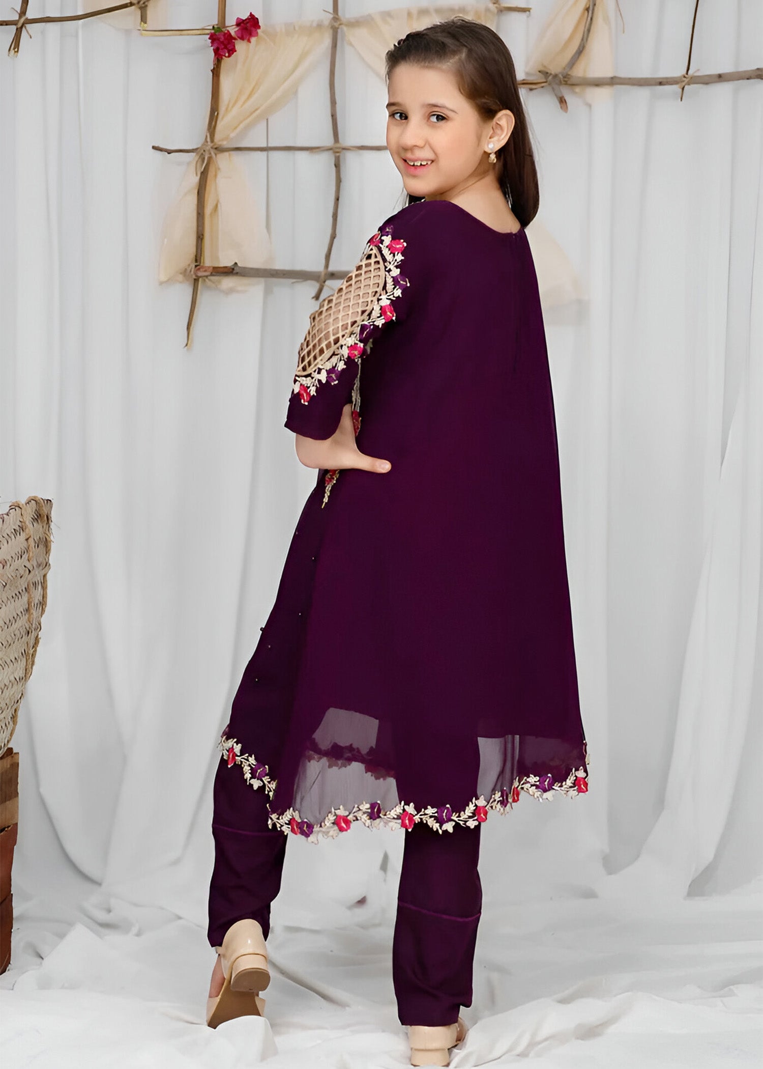 Modest Stitched 3 Piece Formals Kids Collection'2025-Pearl Cape Shirt - Purple
