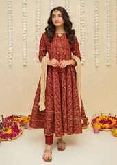 Modest Stitched 3 Piece Printed Rawsilk Frock Suit-10970-Maroon