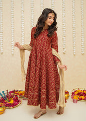 Modest Stitched 3 Piece Printed Rawsilk Frock Suit-10970-Maroon