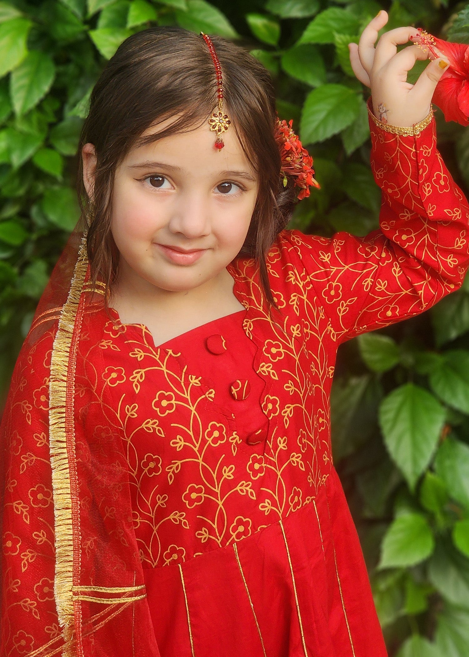 Modest Stitched 3 Piece Luxury Festive Kids Collection'2025-Blooming Red