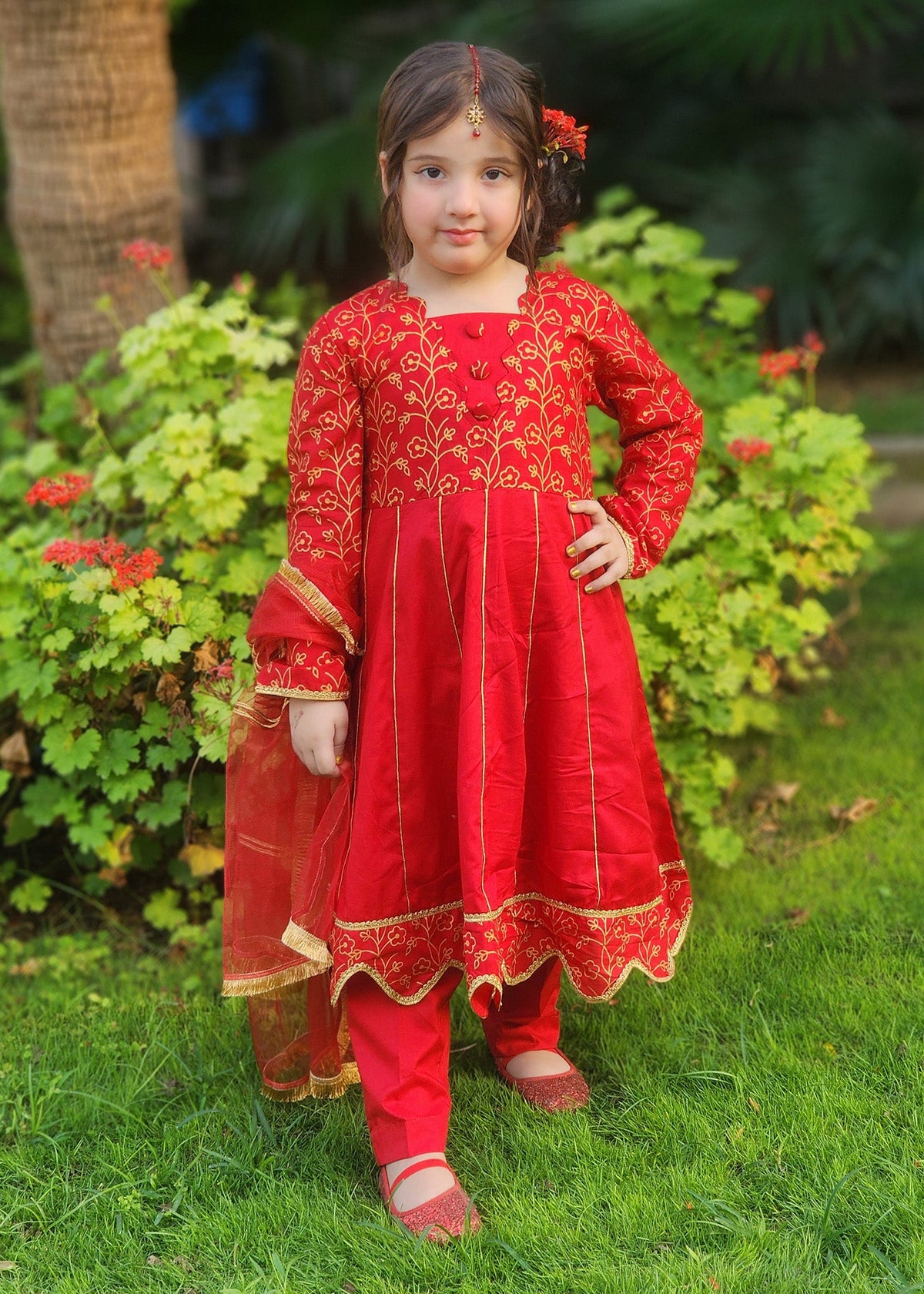 Modest Stitched 3 Piece Luxury Festive Kids Collection'2025-Blooming Red