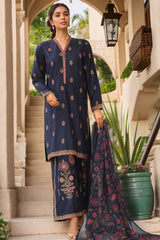Bin Saeed Stitched 3 Piece Luxury Plain Cotton With Chiffon Dupatta Collection'2025-SMPC-1828-Navy Blue