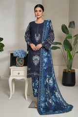 Bin Saeed Stitched 3 Piece Luxury Plain Cotton With Emb Printed Back Collection'2025-NSM-2473-Blue