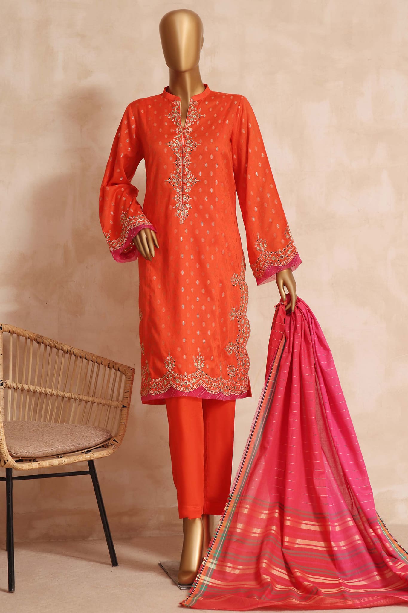 Bin Saeed Stitched 3 Piece Embroidered Jacquard Lawn Collection'2023-BNS-002-Orange