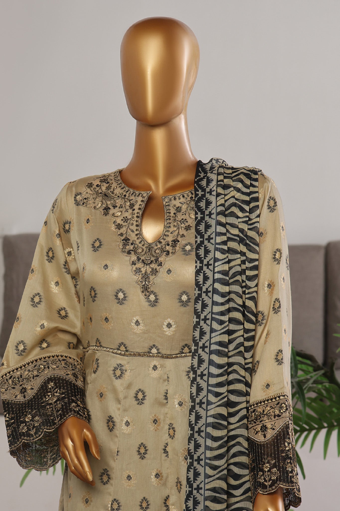 Bin Saeed Stitched 3 Piece Festive Emb Jacquard Frocks Collection'2024-BNS-1028-Beige