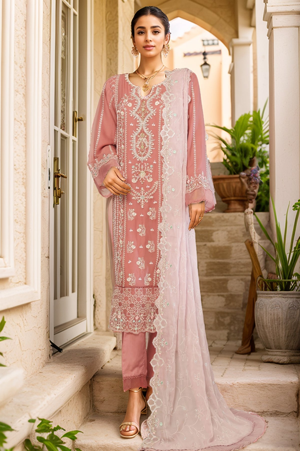 Bin Saeed Stitched 3 Piece Emb Chiffon Collection'2025-RTSC-1791-Pink