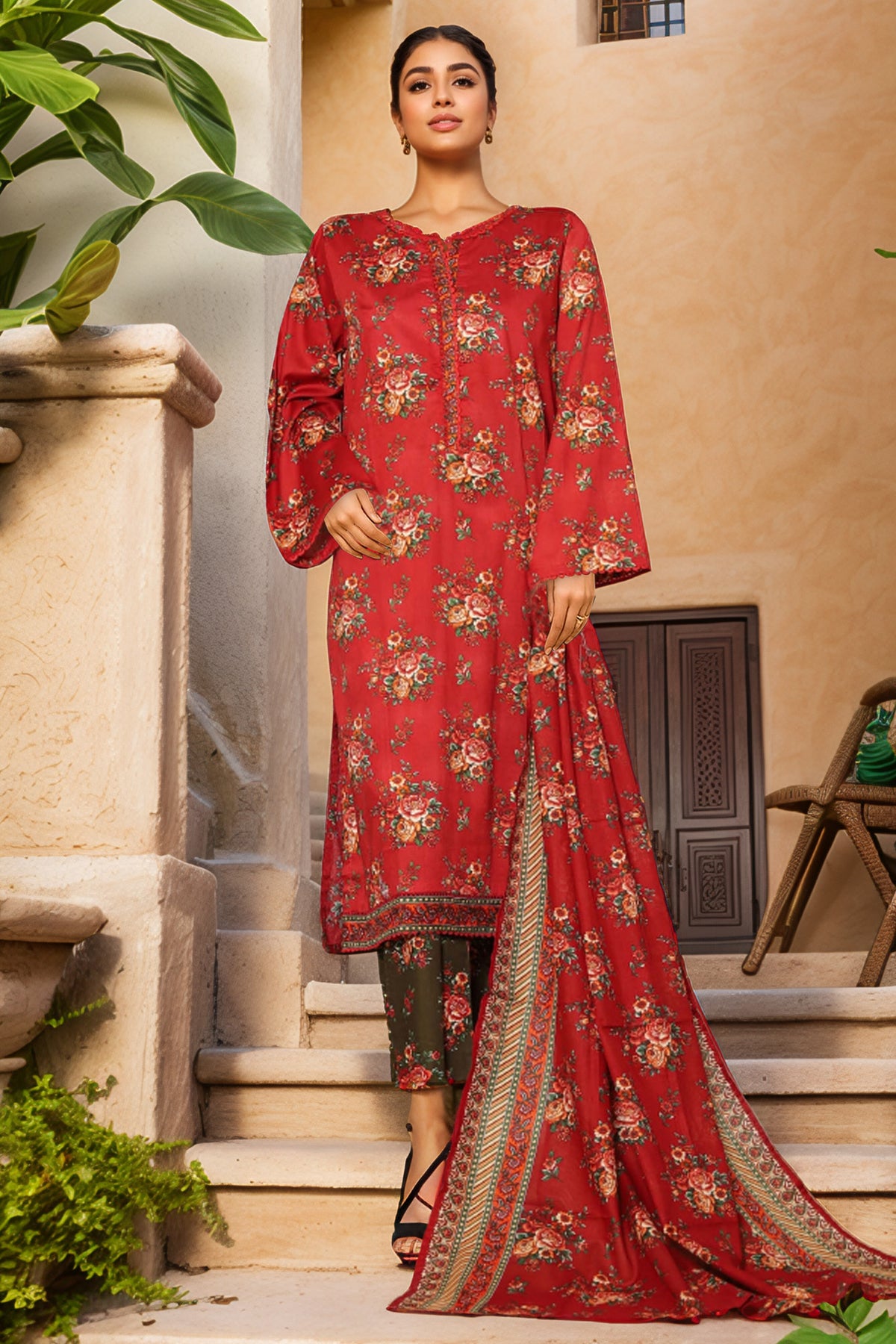 Bin Saeed Stitched 3 Piece Exclusive Printed Lawn Vol-09 Collection'2025-NSM-2243-Maroon