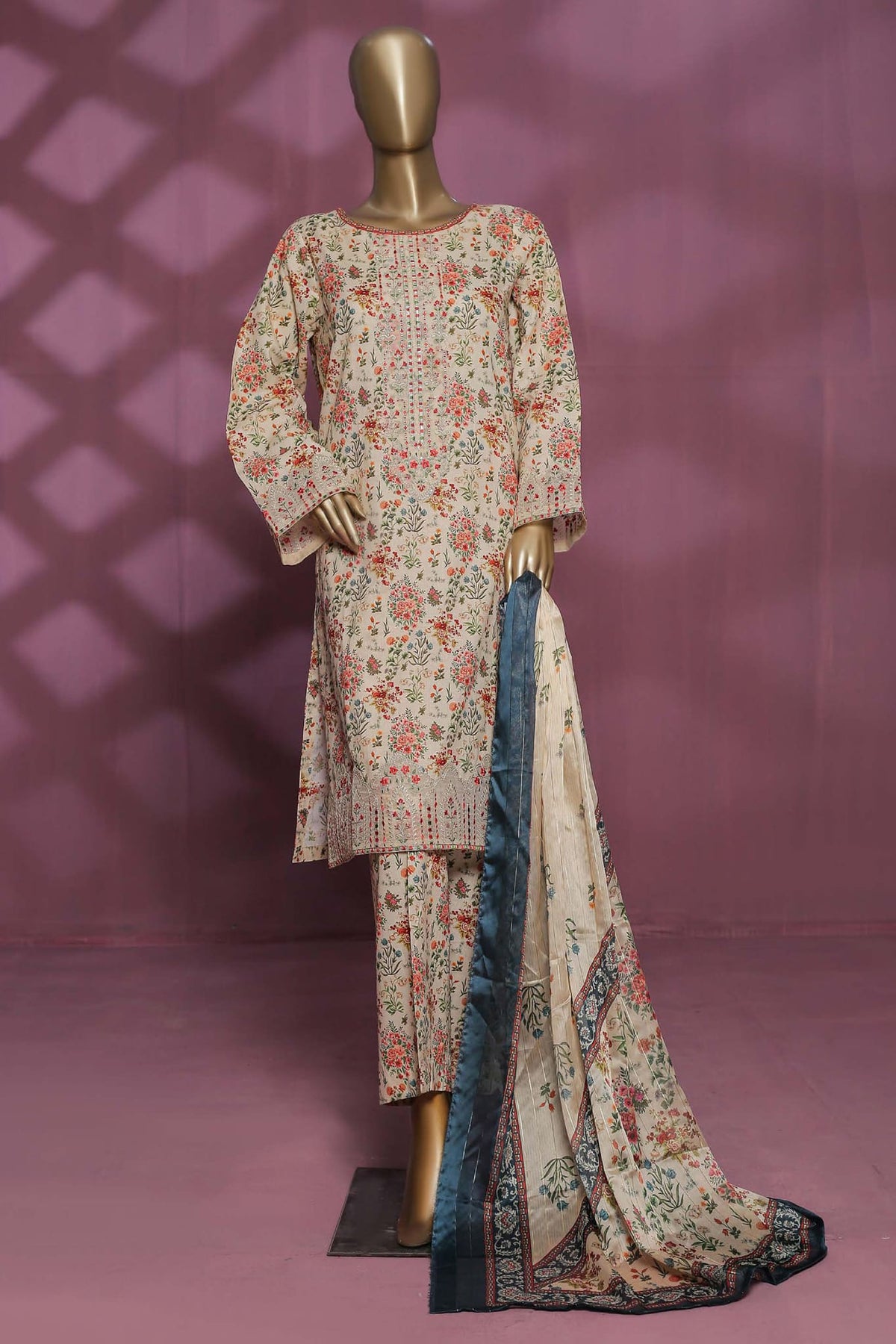 Bin Saeed Stitched 3 Piece Embroidered Lawn Collection'2023-SMLF-076-S ...