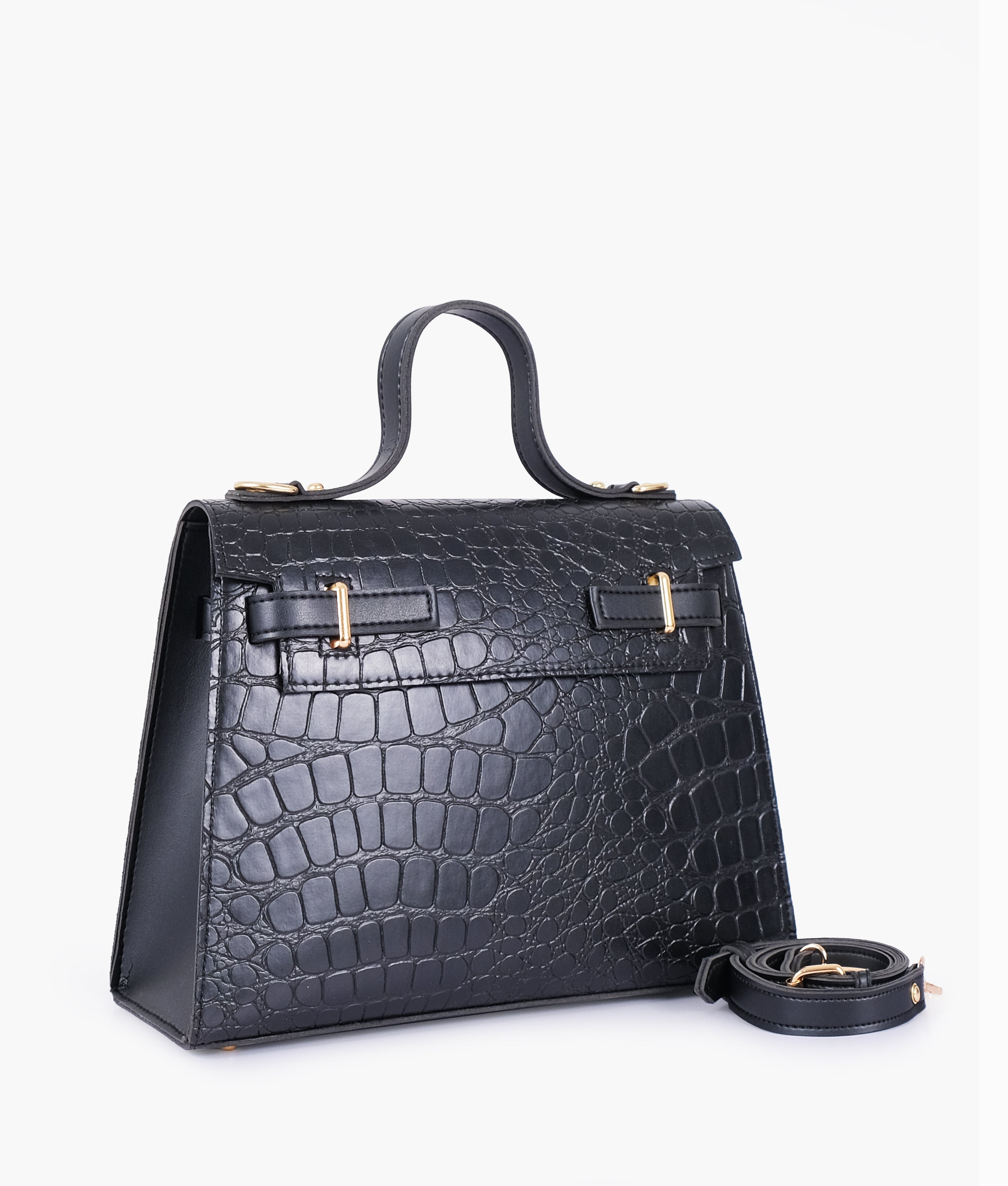 RTW Creation - Black crocodile cross-body bag with top-handle