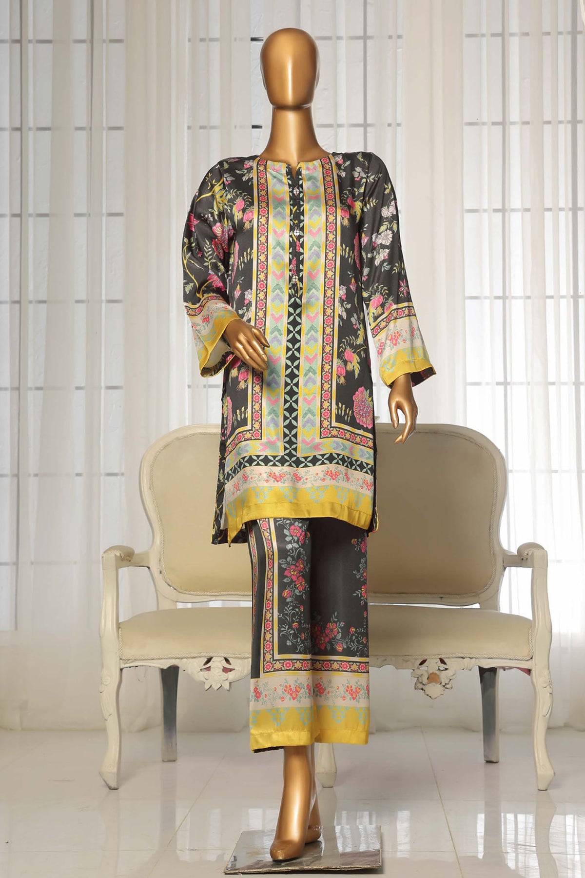 Sada Bahar Stitched 2 Piece Silk Printed Collection'2025-C1-18-Black & Yellow