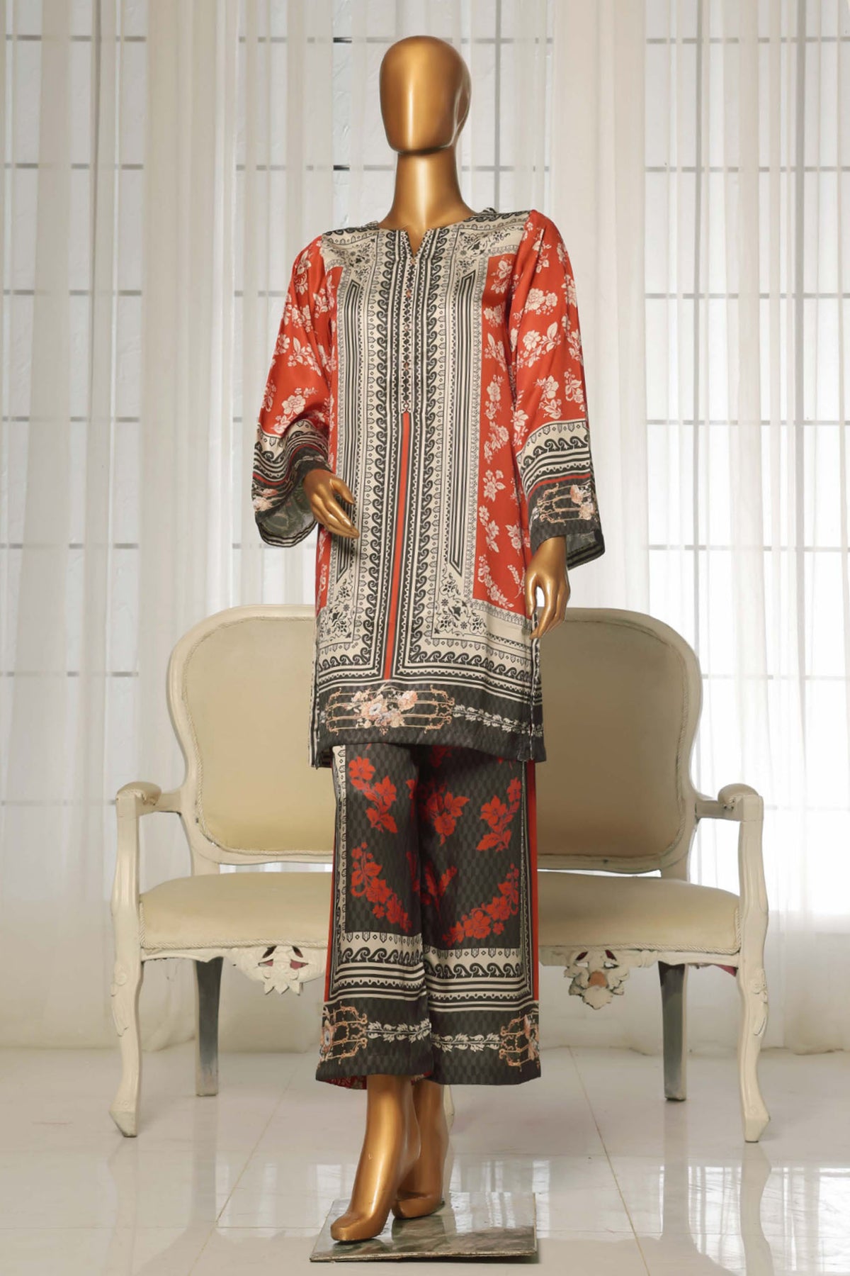 Sada Bahar Stitched 2 Piece Silk Printed Collection'2025-C1-24-Orange & Skin