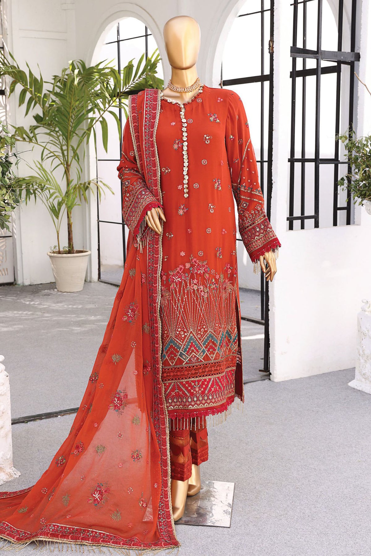 Cortesia By HZ Unstitched 3 Piece Chiffon Luxury Formals Collection'2024-CC-02-Bronre Rust