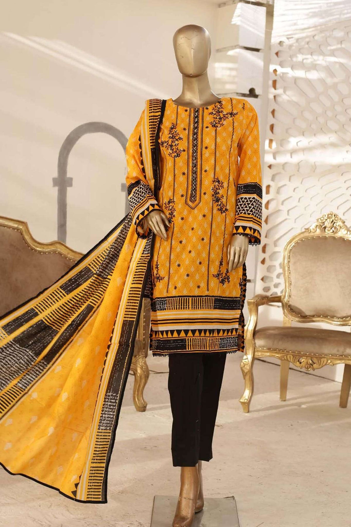 Affifa by Bin Saeed Stitched 3 Piece Embroidered Lawn Vol-02 Collection'2023-CF-0044-Yellow