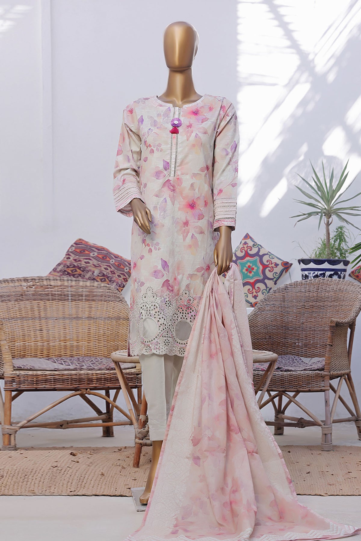 Printkari By HZ Stitched 3 Piece Emb Slub Cambric Collection'2024-CPK-805