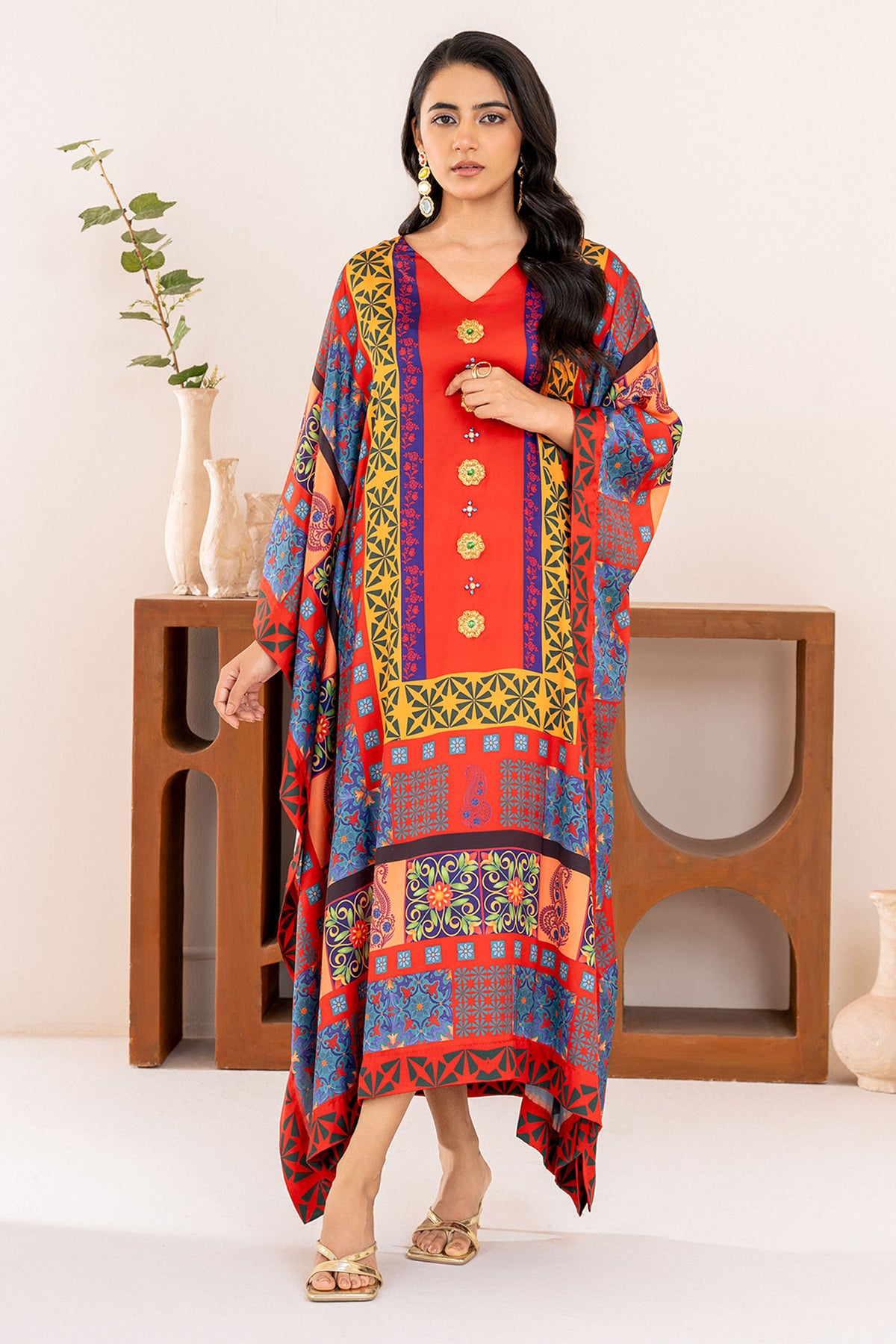 Velora By Stitch Vibes Stitched Shirts Collection'2024-Crimson Elegance Kaftan