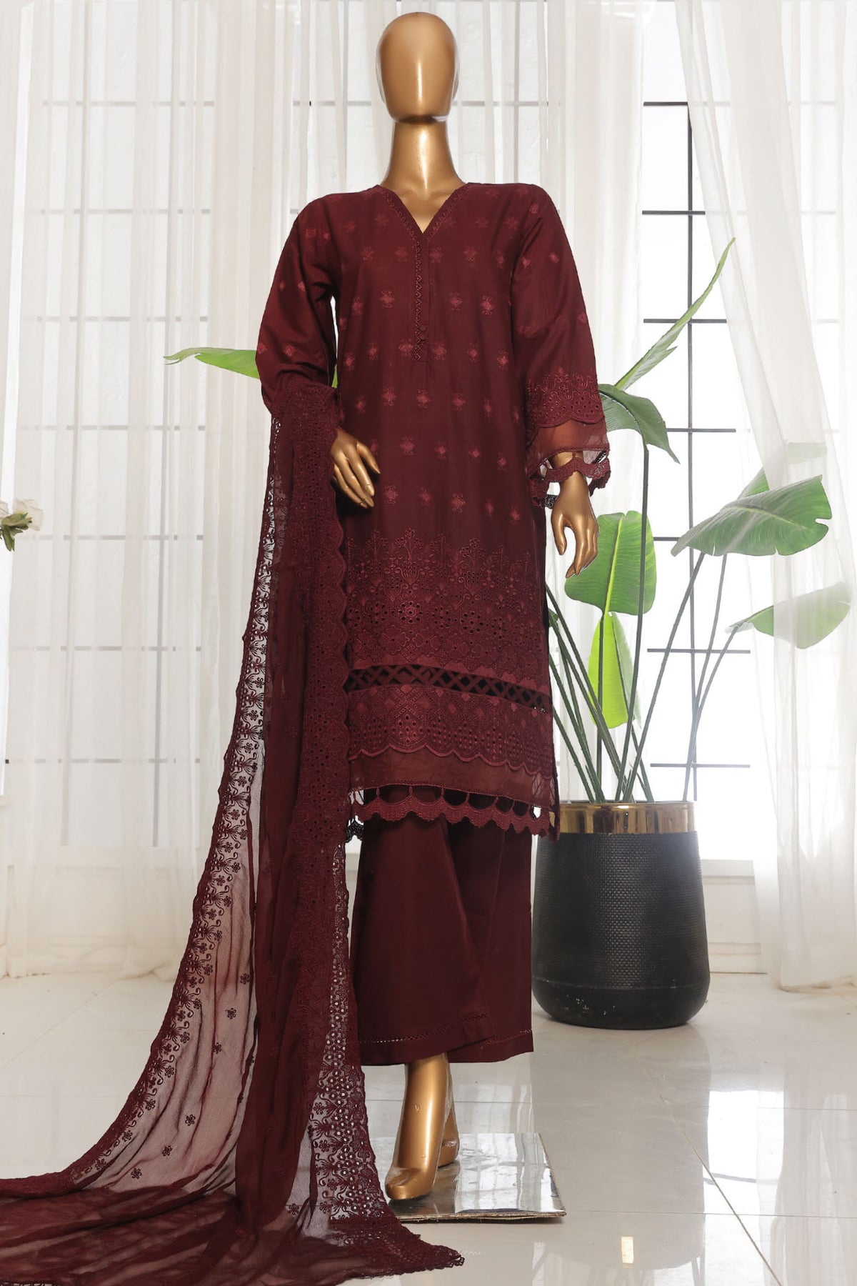 Sada Bahar Stitched 3 Piece Chikankari Lawn Collection'2025-CW-01-Maroon