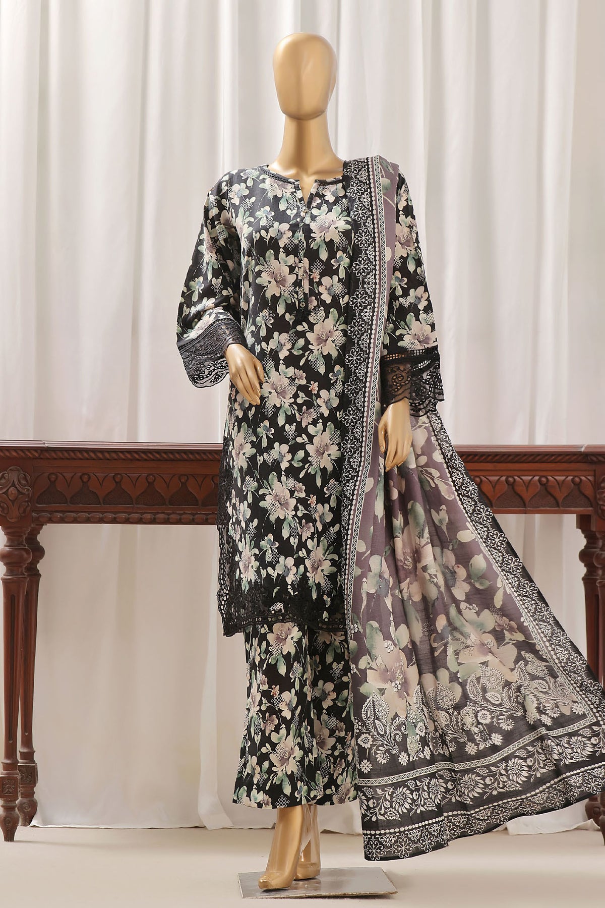 Sada Bahar Stitched 3 Piece Emb Khaddar Vol-02 Collection'2024-CW-08-Black