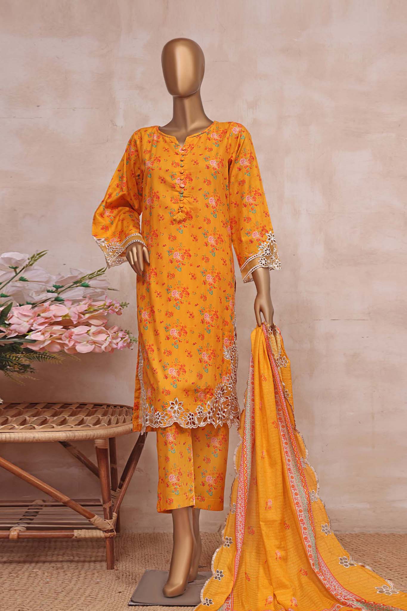 Sada Bahar Mid Summer Pret Embroidered Cutwork Collection'2023-CW-5687-Yellow