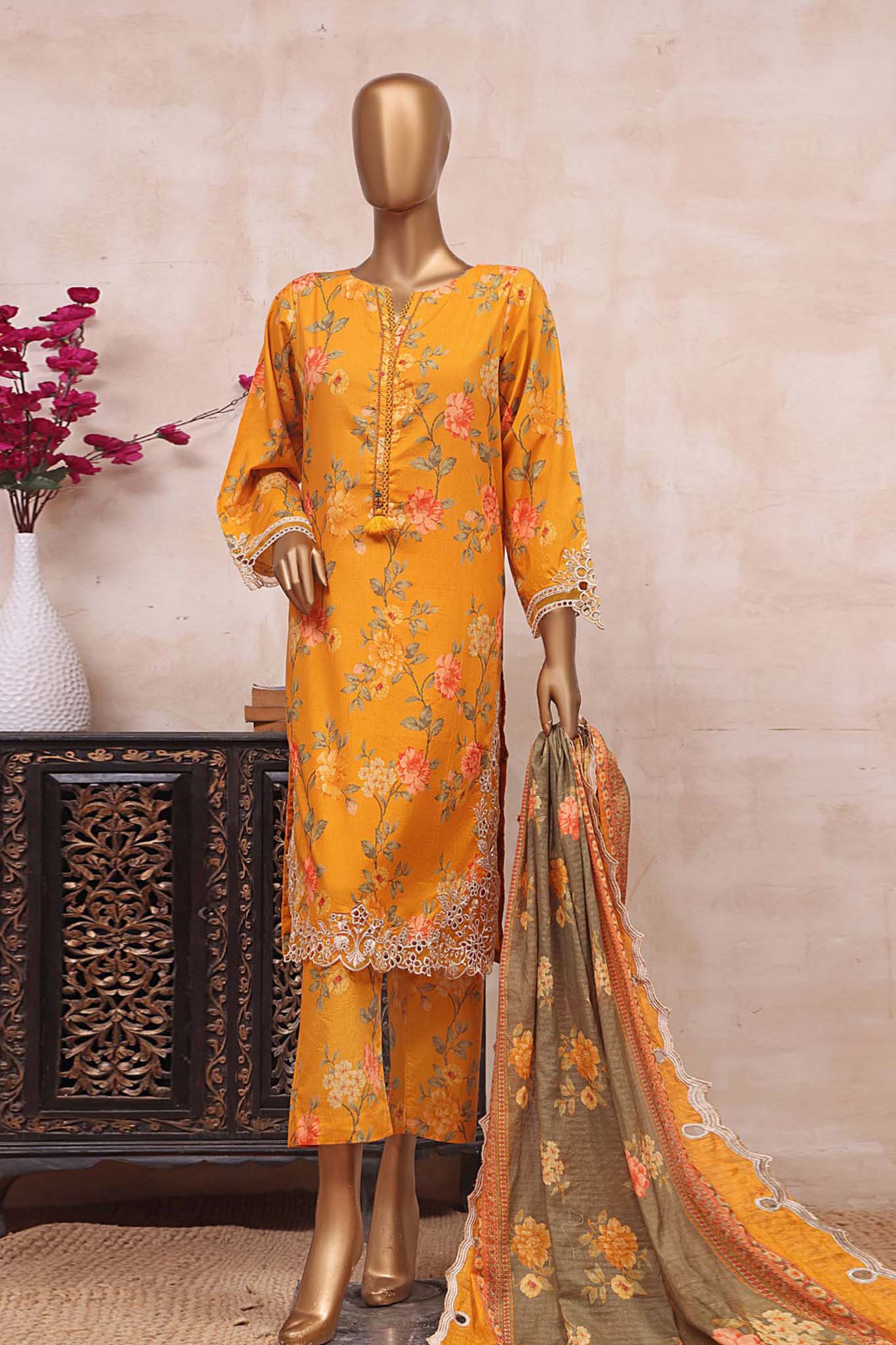 Sada Bahar Mid Summer Pret Embroidered Cutwork Collection'2023-CW-5701-Yellow