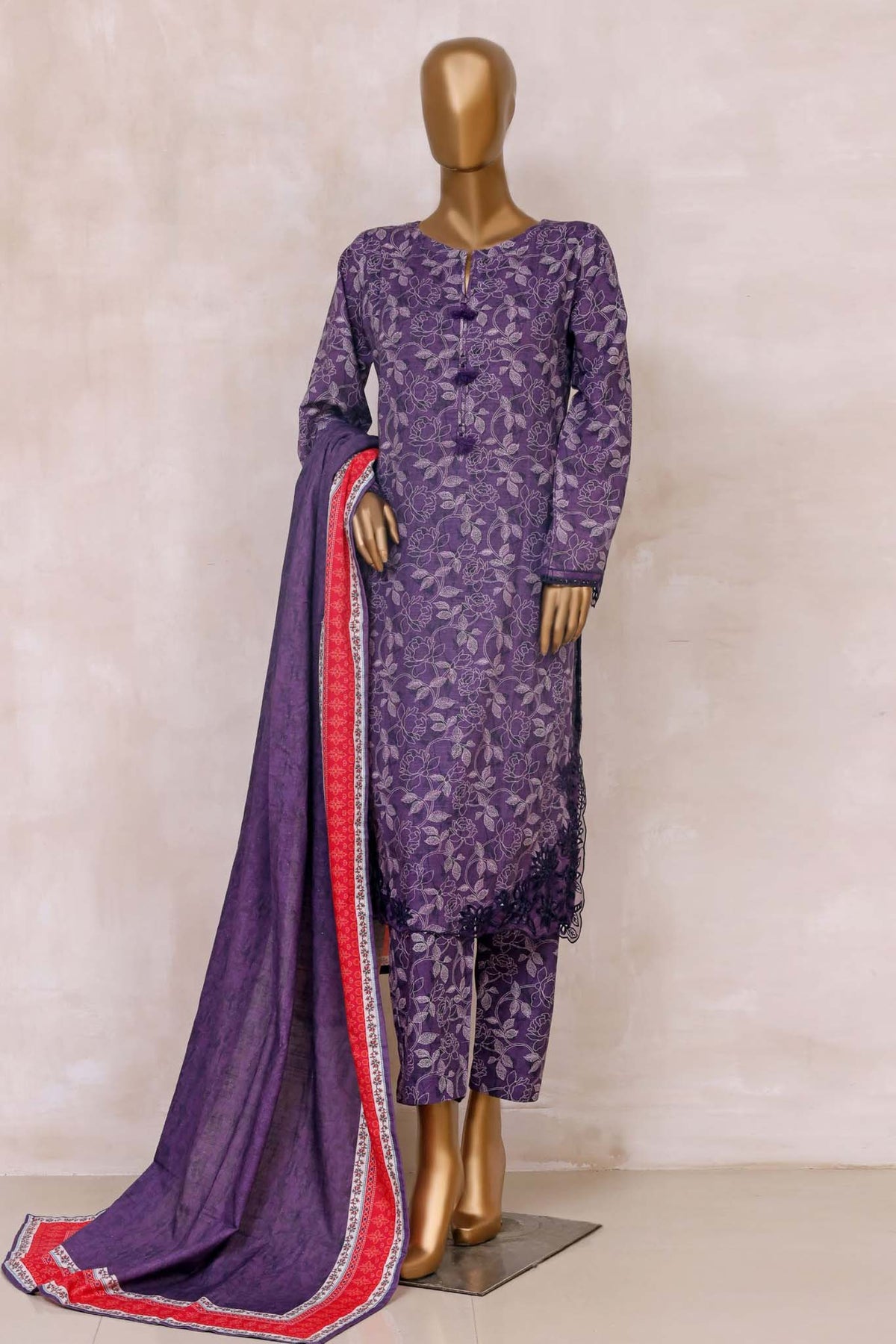 Sada Bahar Stitched 3 Piece Emb Cutwork Khaddar Collection'2023-CW-7928-Purple