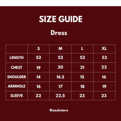 Size guide for a dress on a dark red background.