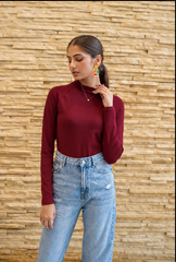 Dhaga Western Bodysuit-Maroon High Neck Bodysuit