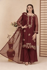Silcot Stitched 3 Piece Embroidered Collection'2025-Marron Shimmer