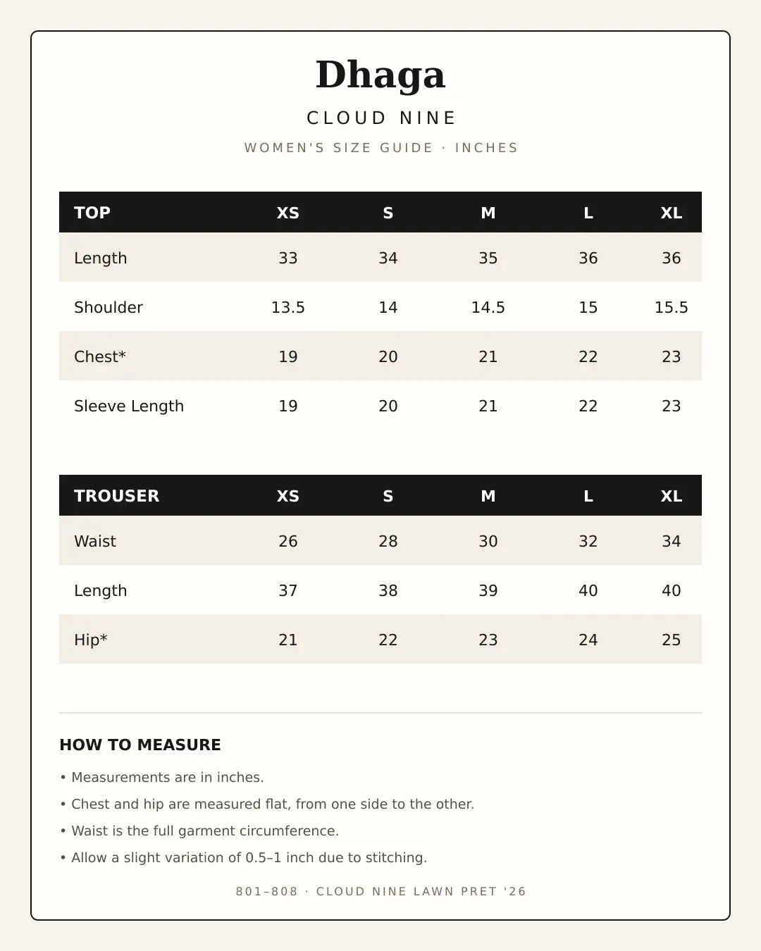 Dhaga Cloud Nine women's size chart in inches