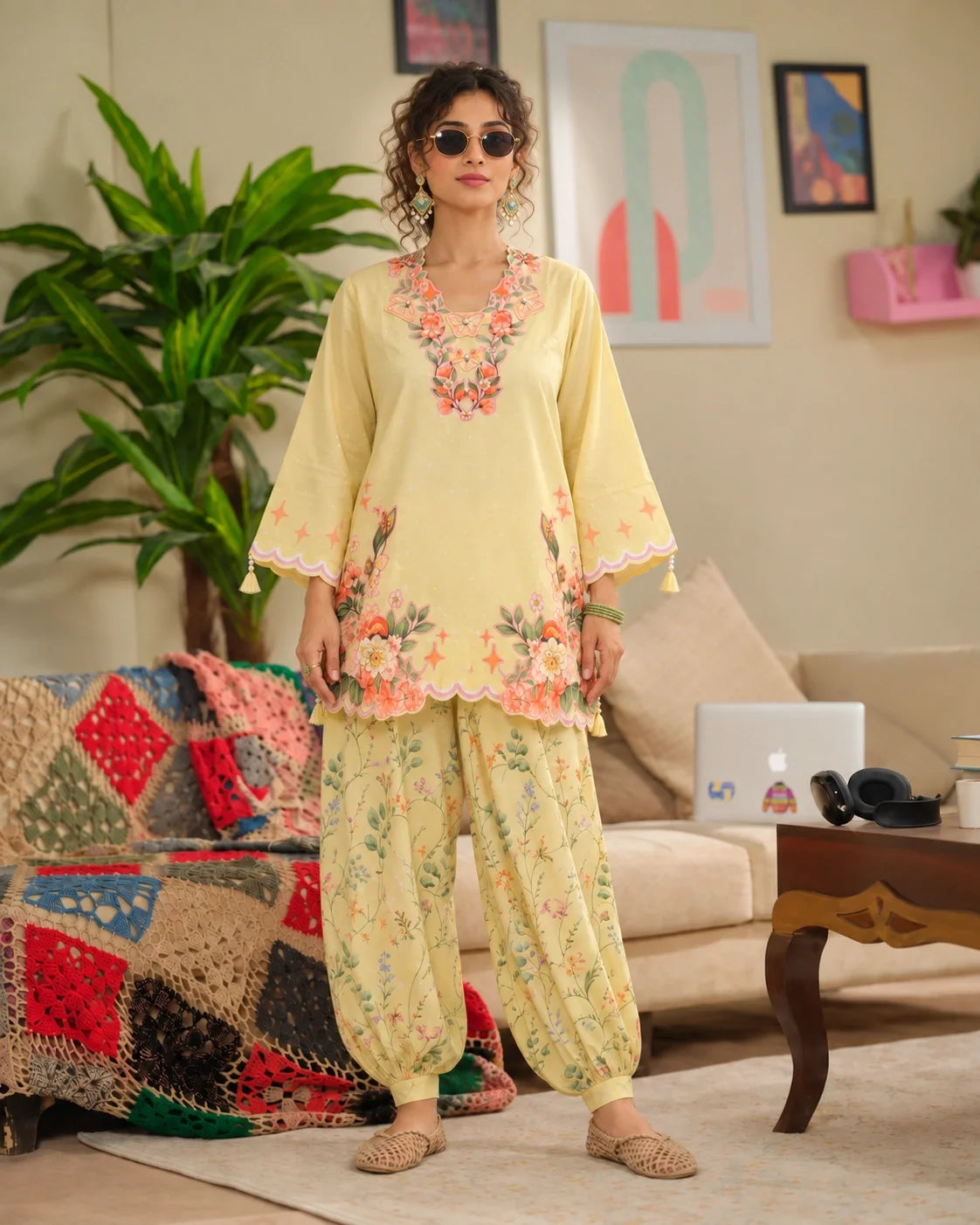 Creme Brulee butter-yellow printed cotton two-piece set — front