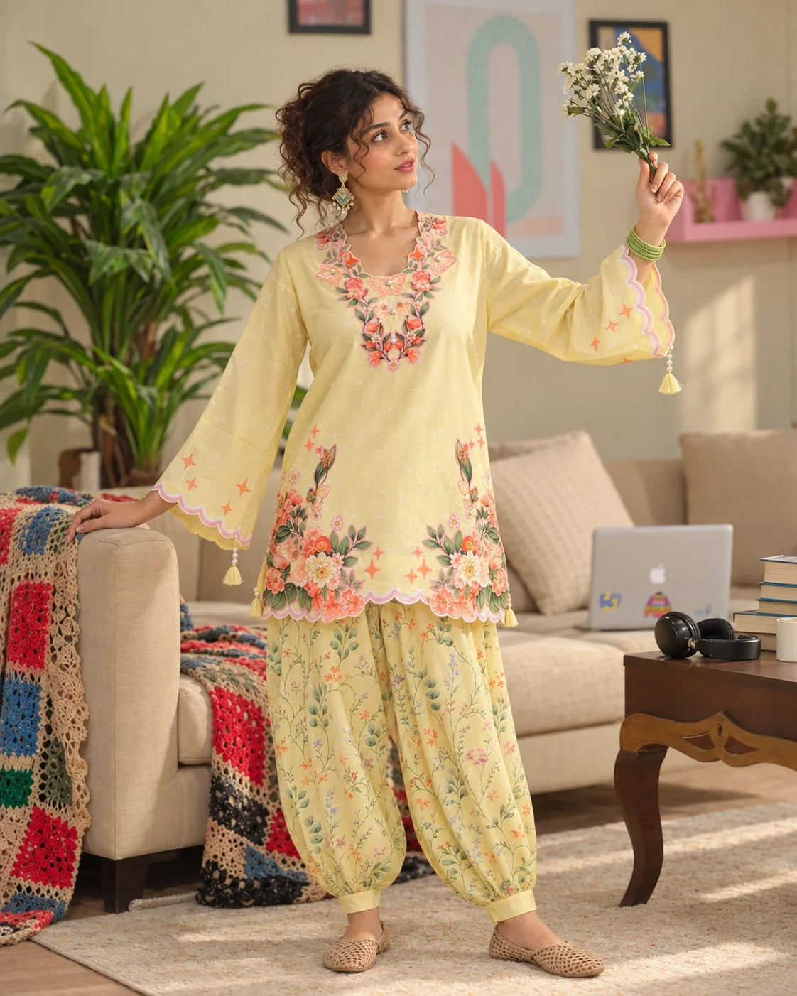 Creme Brulee butter-yellow printed cotton two-piece set — flowers