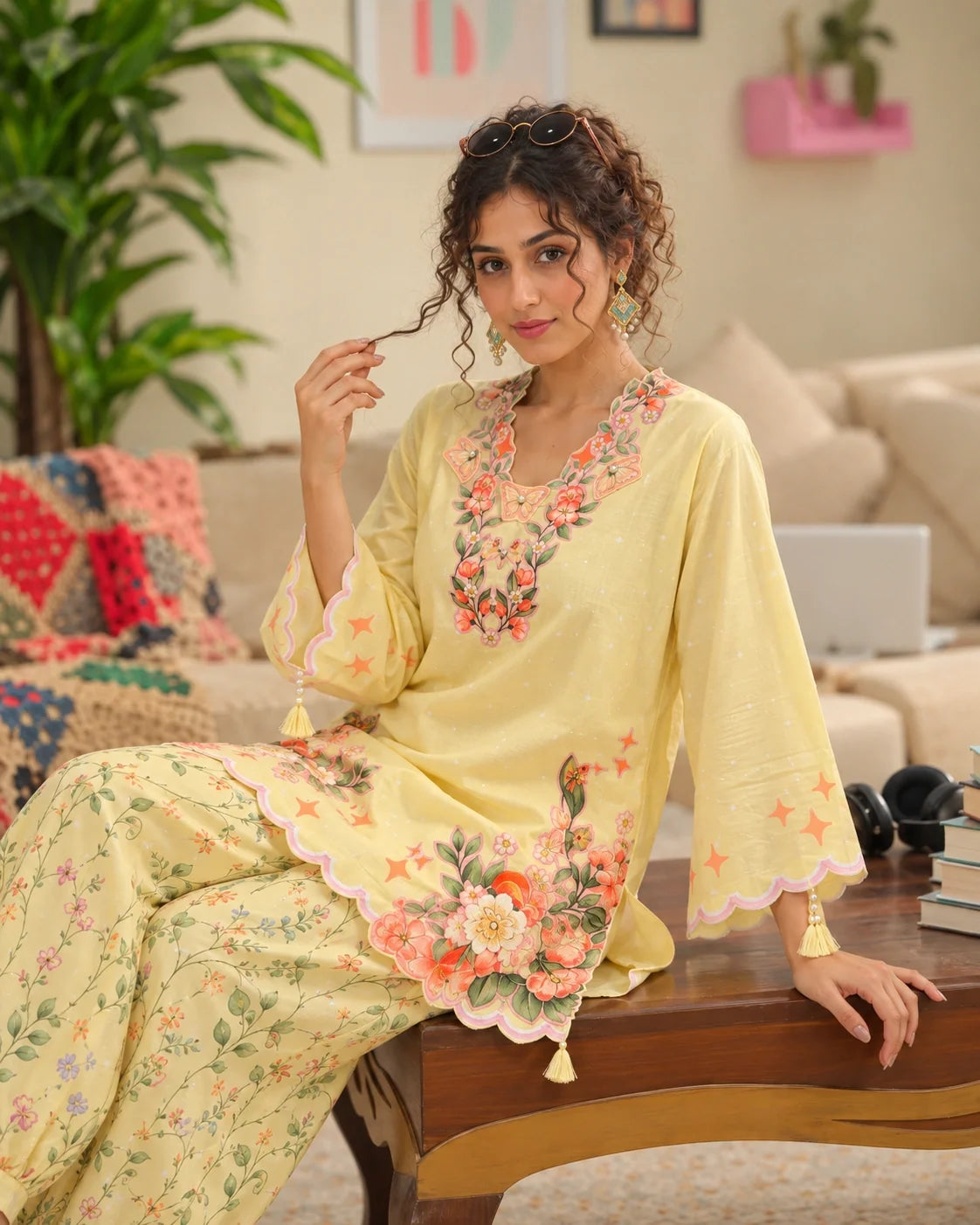 Creme Brulee butter-yellow printed cotton two-piece set — seated closeup
