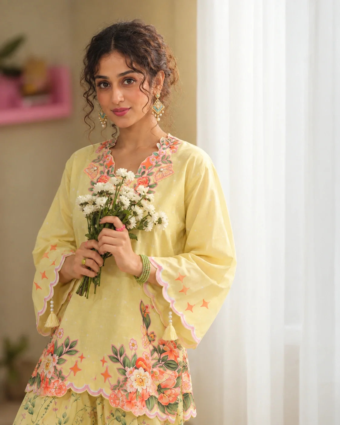 Creme Brulee butter-yellow printed cotton two-piece set — window