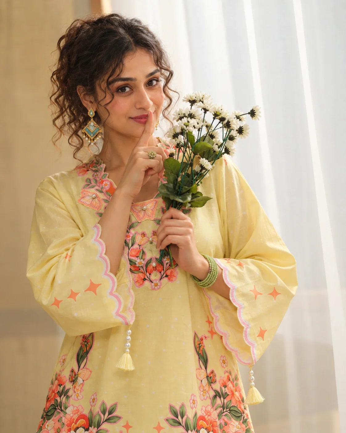 Creme Brulee butter-yellow printed cotton two-piece set — window smile