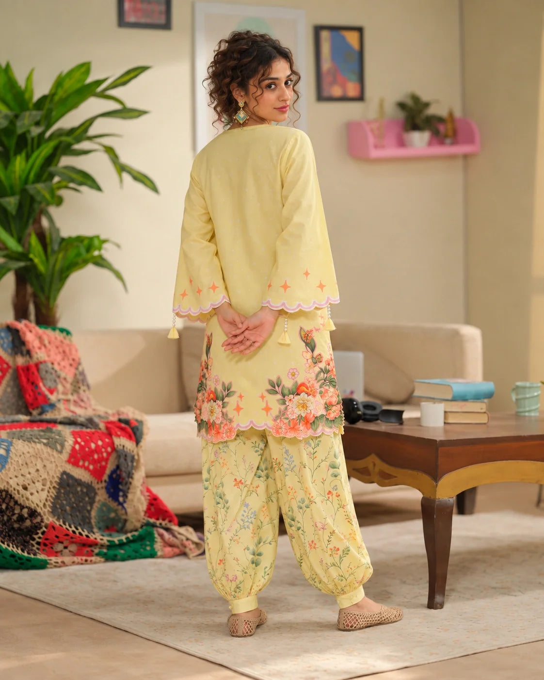 Creme Brulee butter-yellow printed cotton two-piece set — back