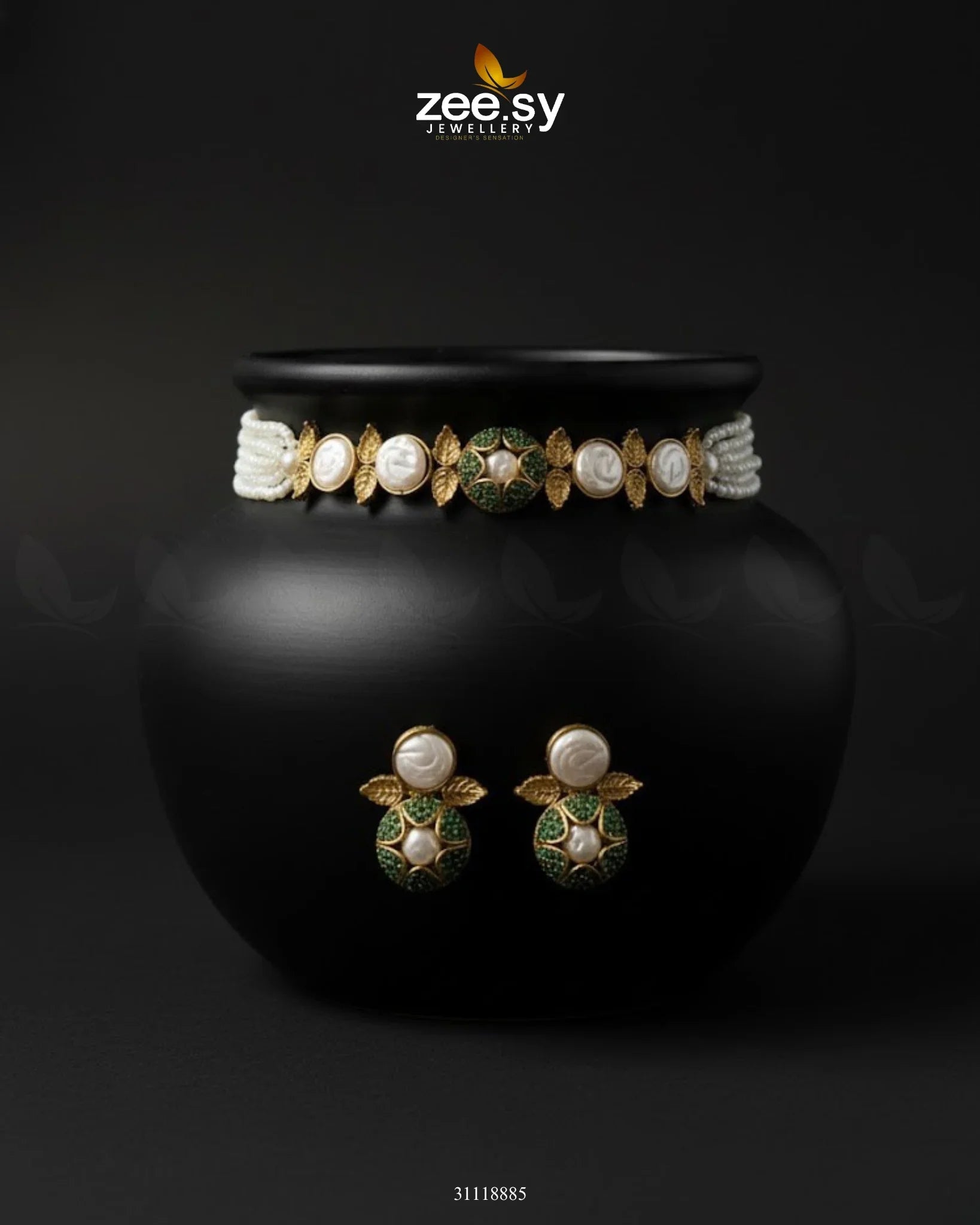 Crest Choker Necklace Set Green - Zeesy Jewellery