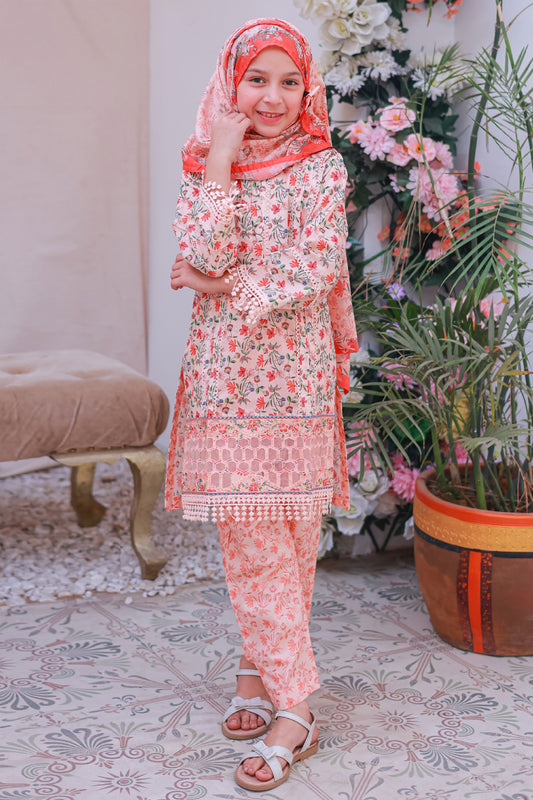 Shifa Girls By Suntex Stitched 3 Piece Emb Lacekaari Cutwork Collection'2025-SH-2508-Peach