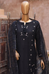 Sumi Stitched 3 Piece Self Cotton Jacquard Festive Suit-SCJ-02-Black