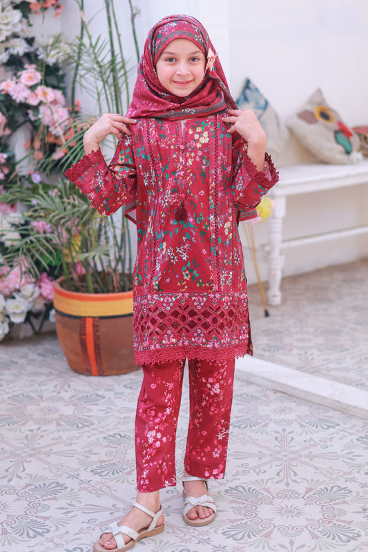 Shifa Girls By Suntex Stitched 3 Piece Emb Lacekaari Cutwork Collection'2025-OS-2509-Red