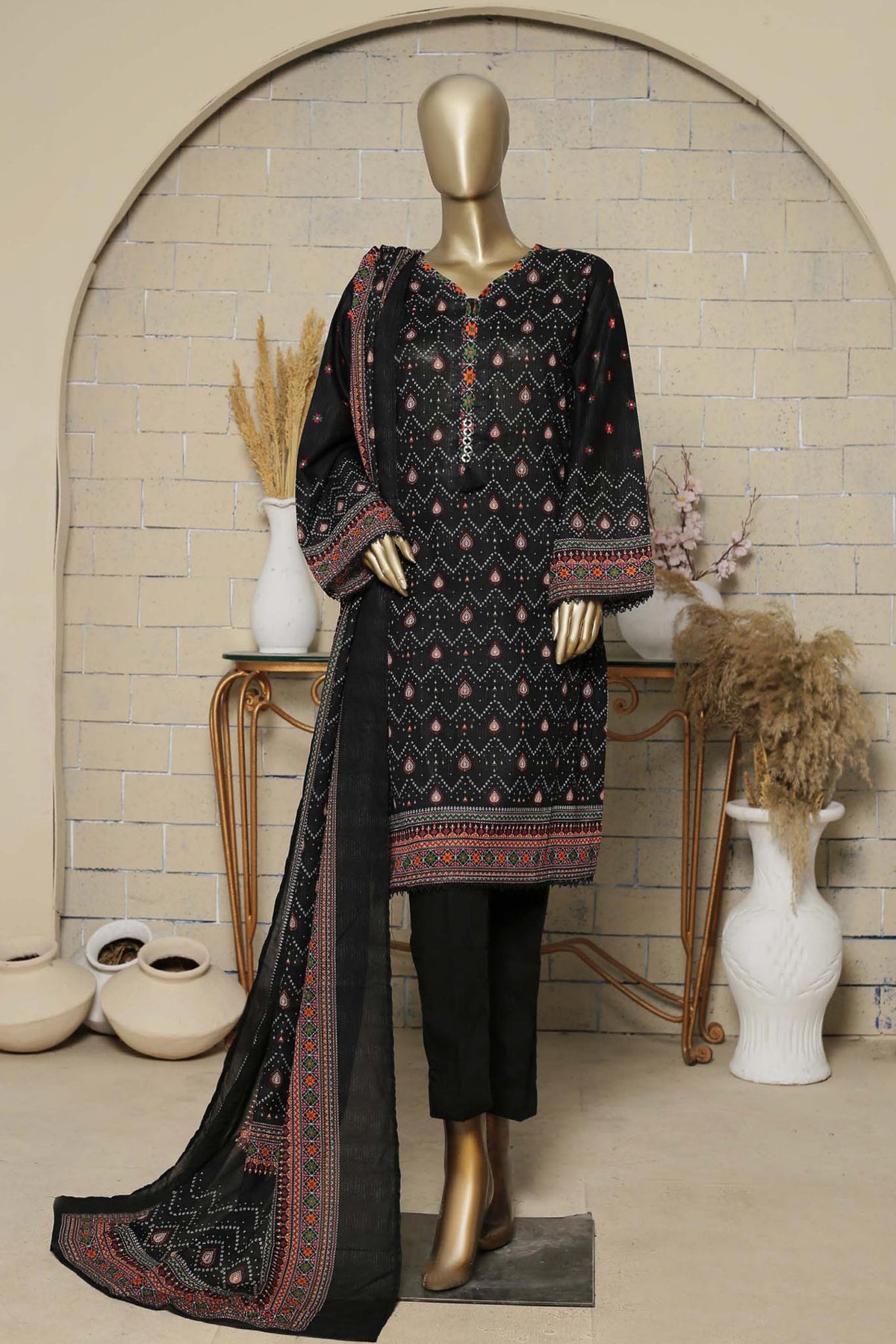 Bin Saeed Stitched 3 Piece Printed Summer Lawn Collection'2023-SMLF-0203-Black