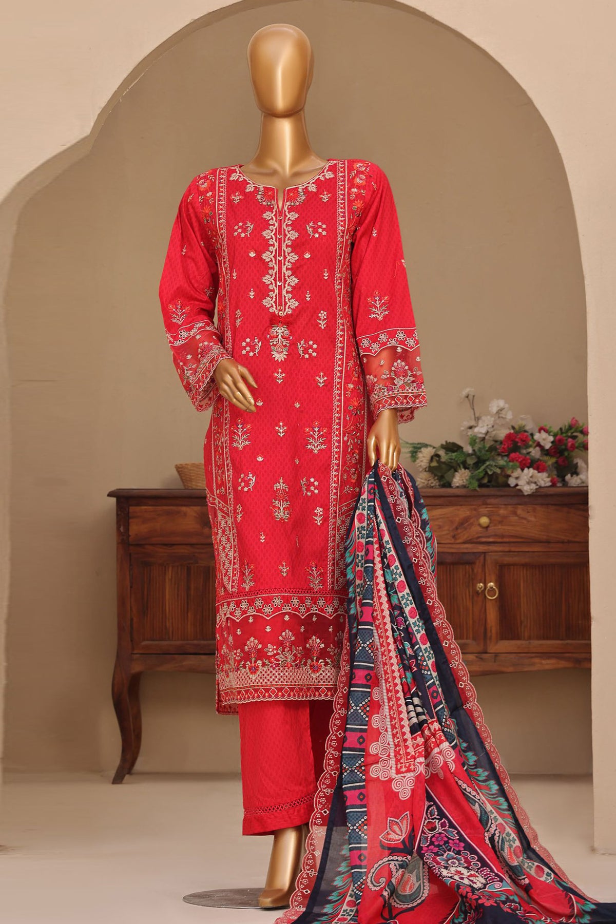 Sada Bahar Stitched 3 Piece Premium Emb & Printed Lawn Collection'2024-D-1068-Red