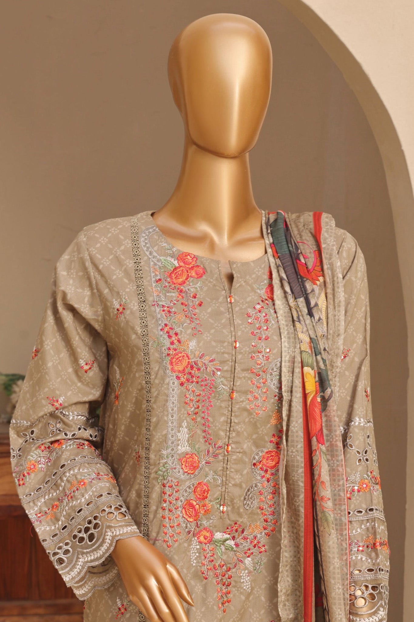 Sada Bahar Stitched 3 Piece Premium Emb & Printed Lawn Collection'2024-D-1079-Beige